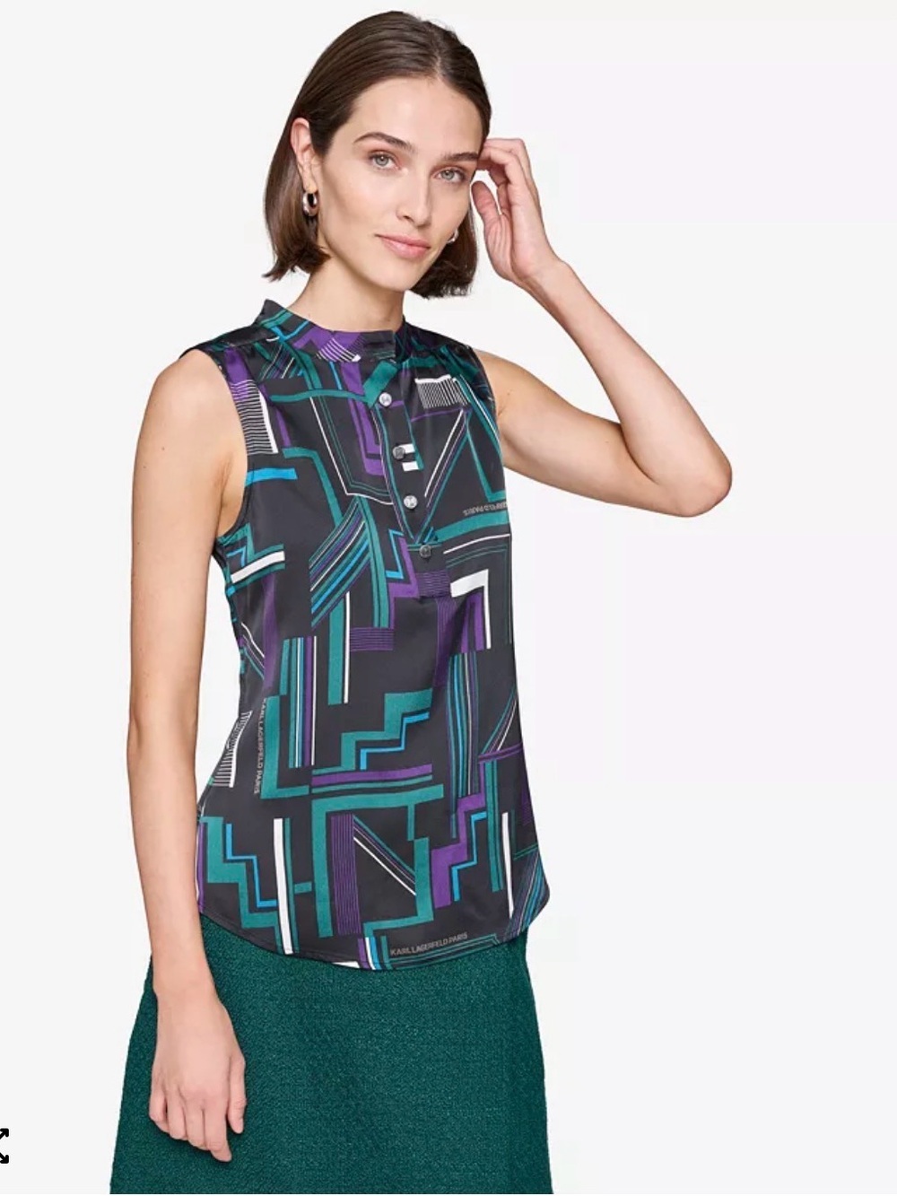 Karl Lagerfeld Paris Sleeveless Geometric Print Shell Top in Black and Teal